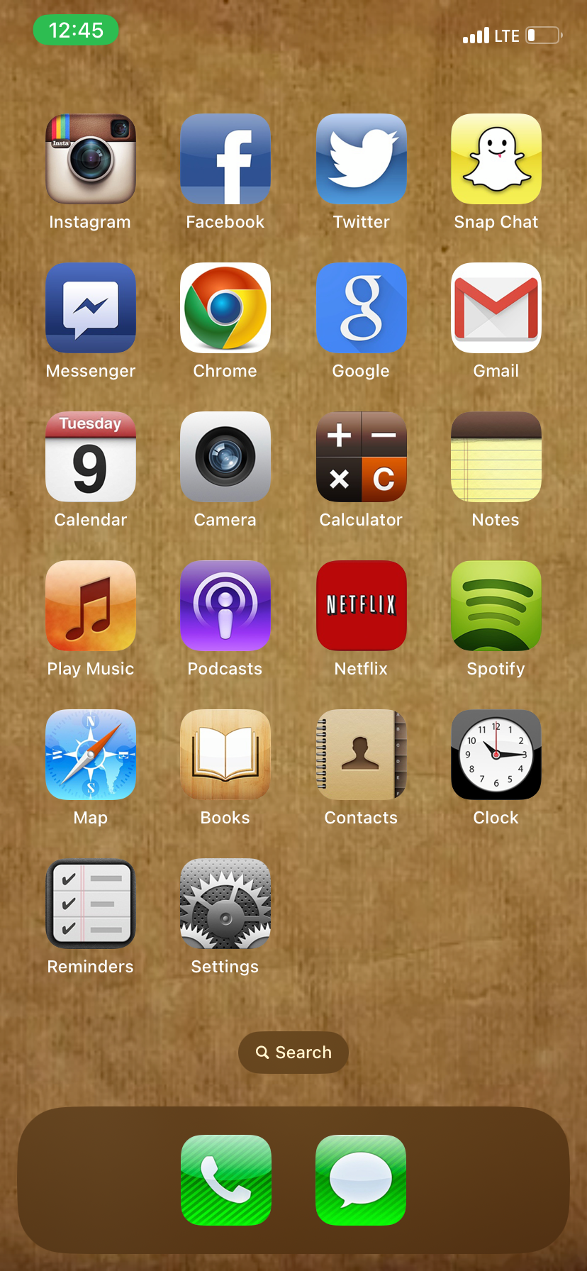 An iPhone home screen with retro icons and a brown background