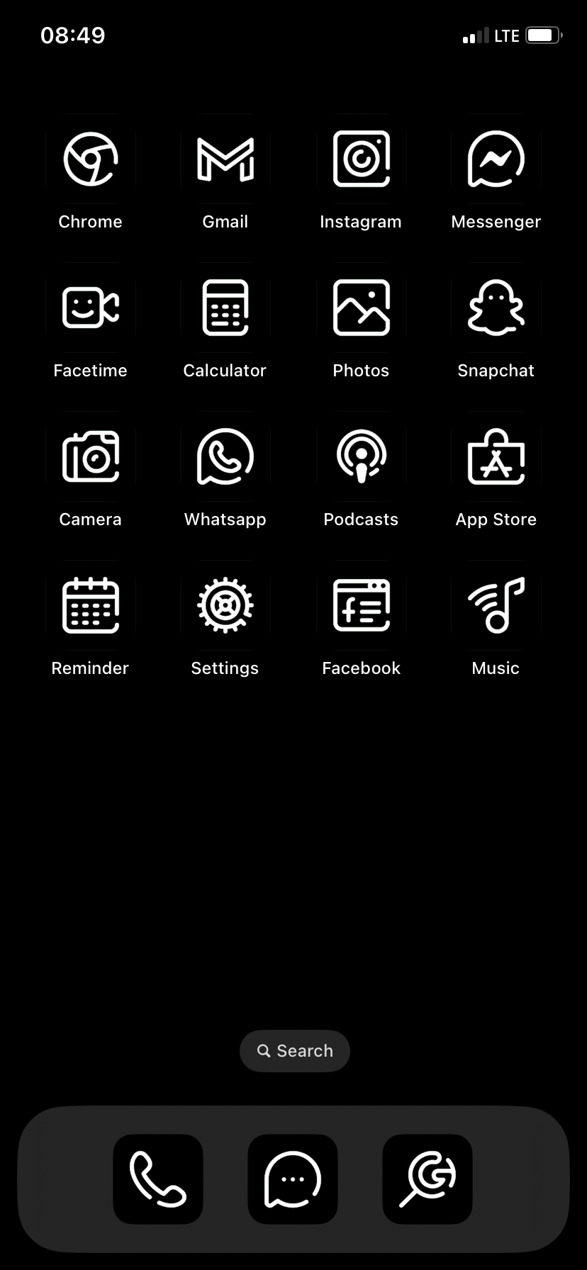 An iPhone home screen with white icons on a black background